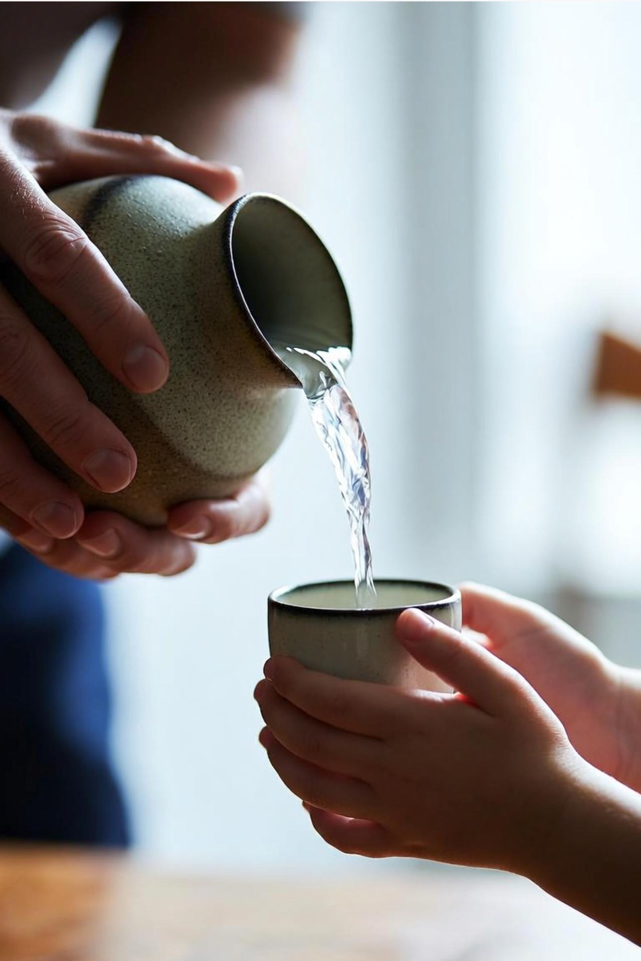 Water being poured into a cup held by another person