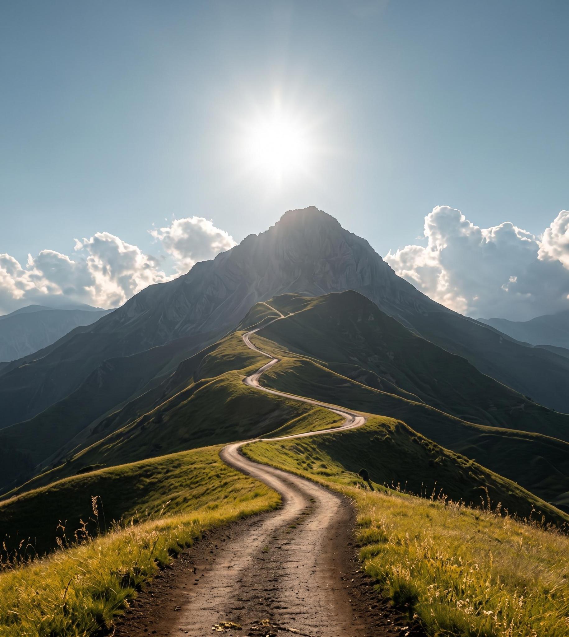 A winding path following a sunlit mountain ridge