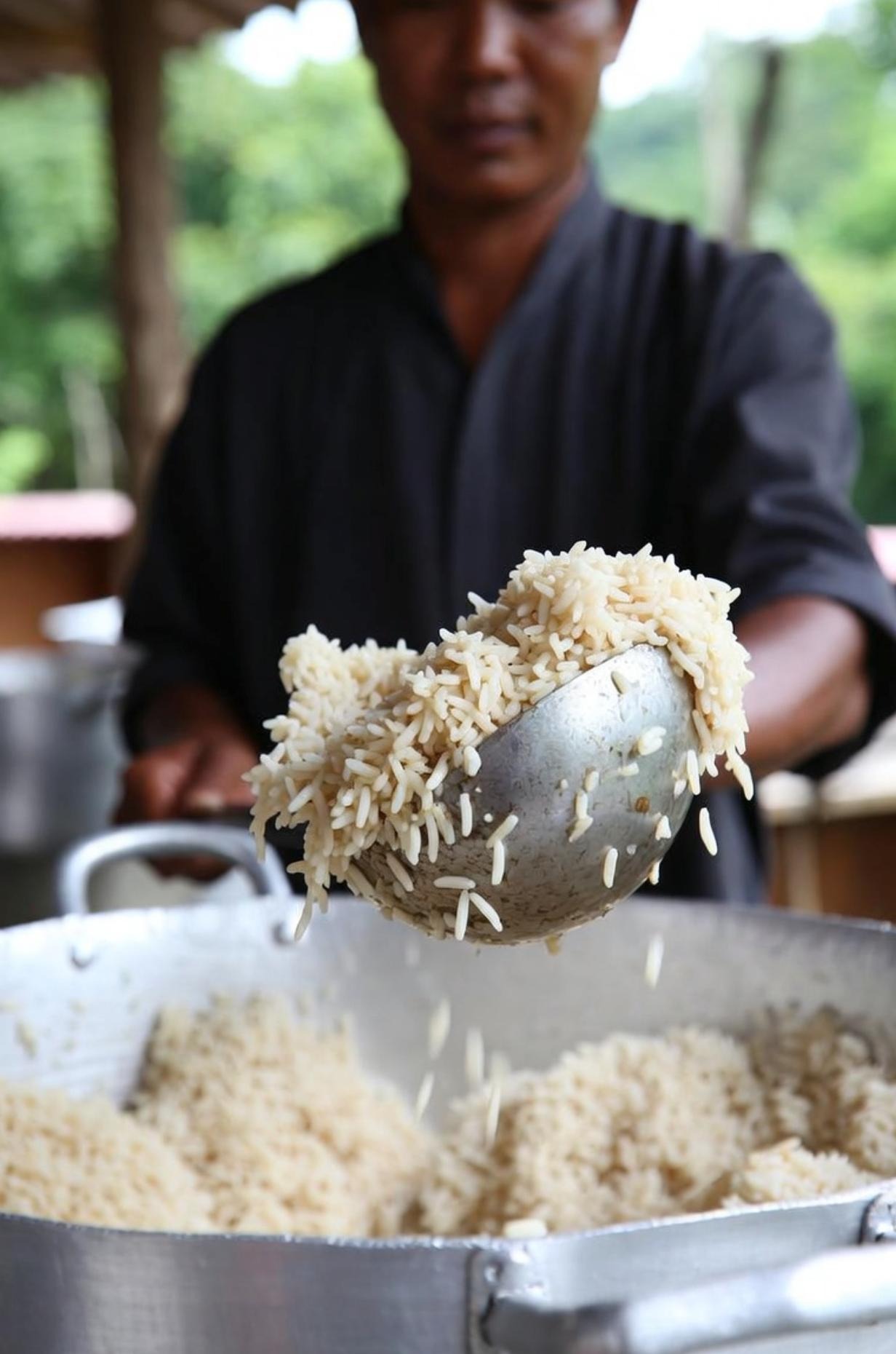 A person serving rice with a ladle