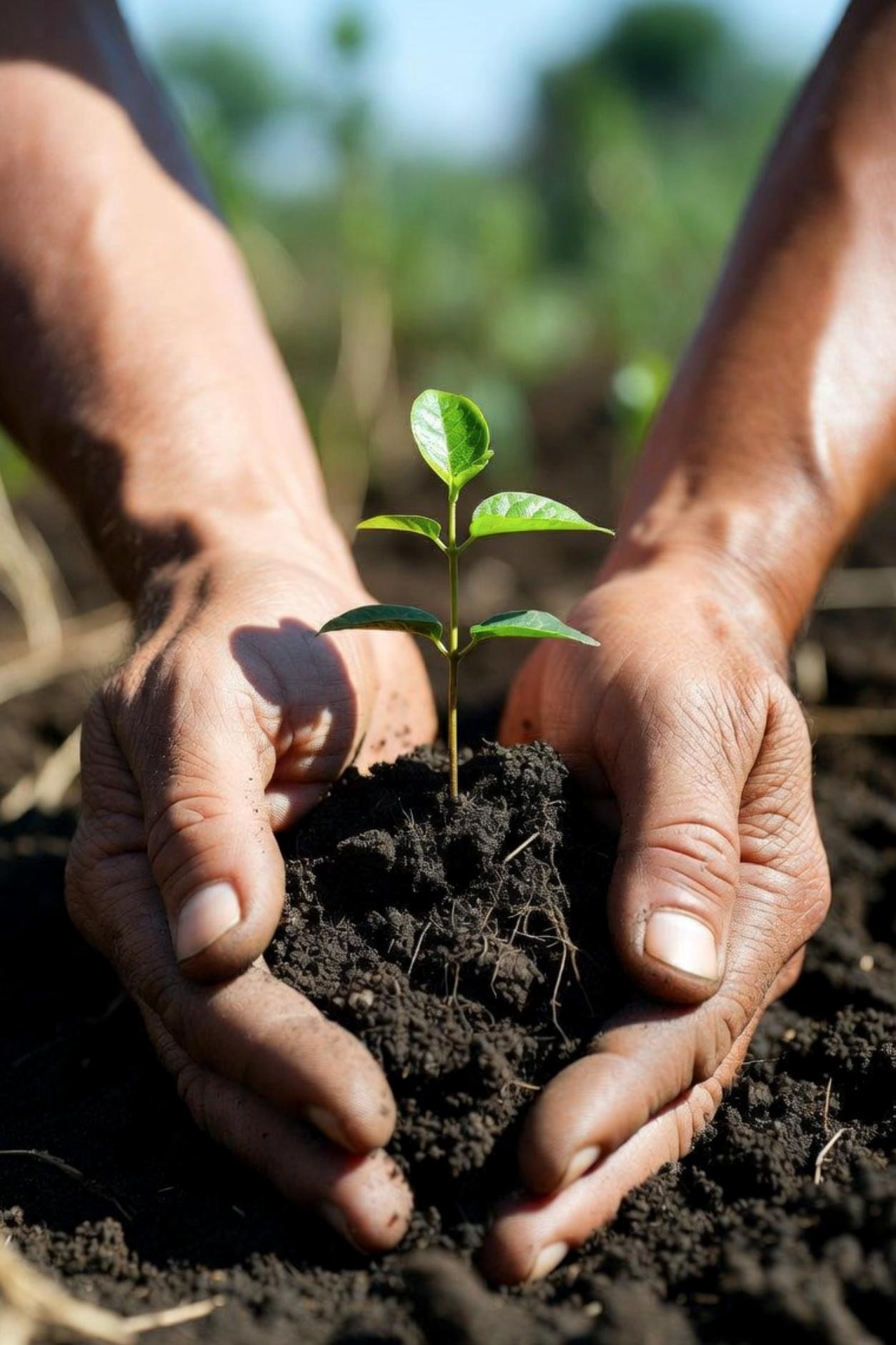 Hands holding soil and a young green seedling